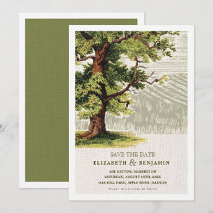 Convite Salve a data. Vintage Oak Tree Burlap Wedding