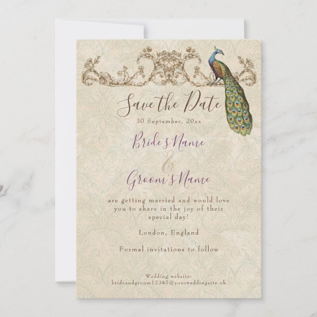 Convite Salve a data, Vintage Peacock & Etchings Casamento (Frente)