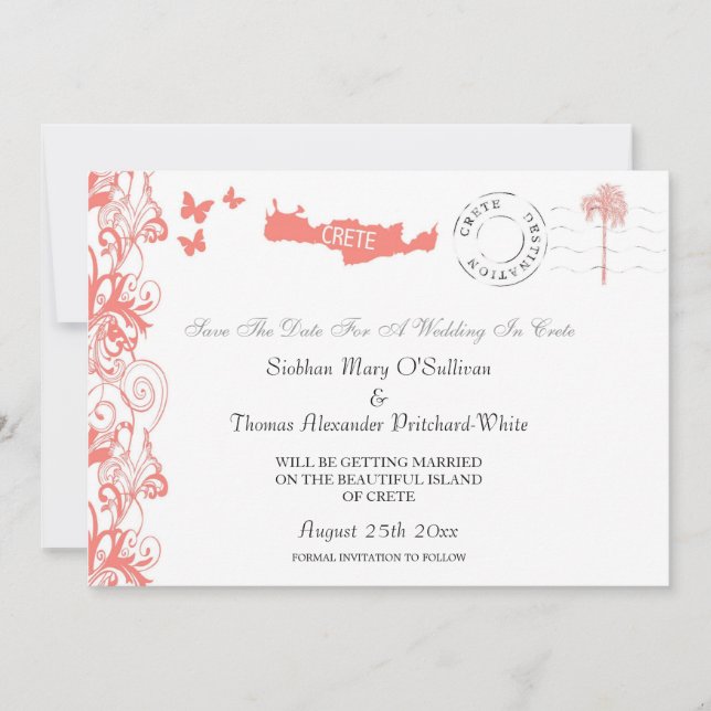 Convite Salve Creta Data Em Rosa Coral E Branco (Frente)