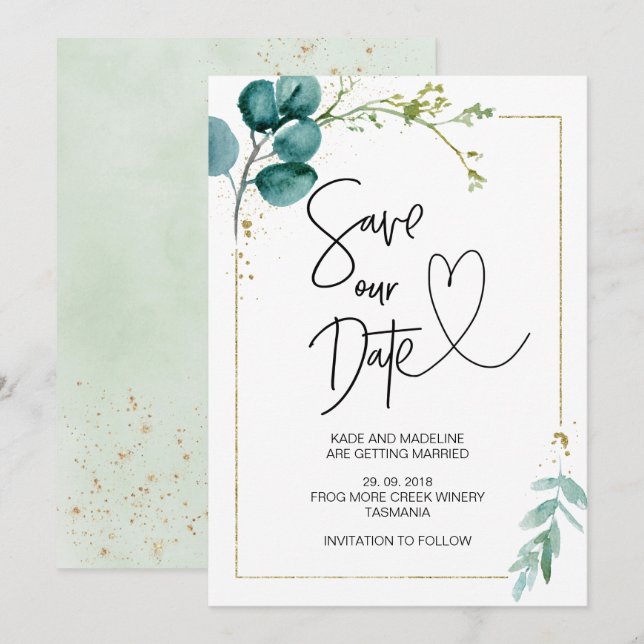 Convite Salve Nossa Data Eucalipto Verde Elegante Casament (Frente/Verso)
