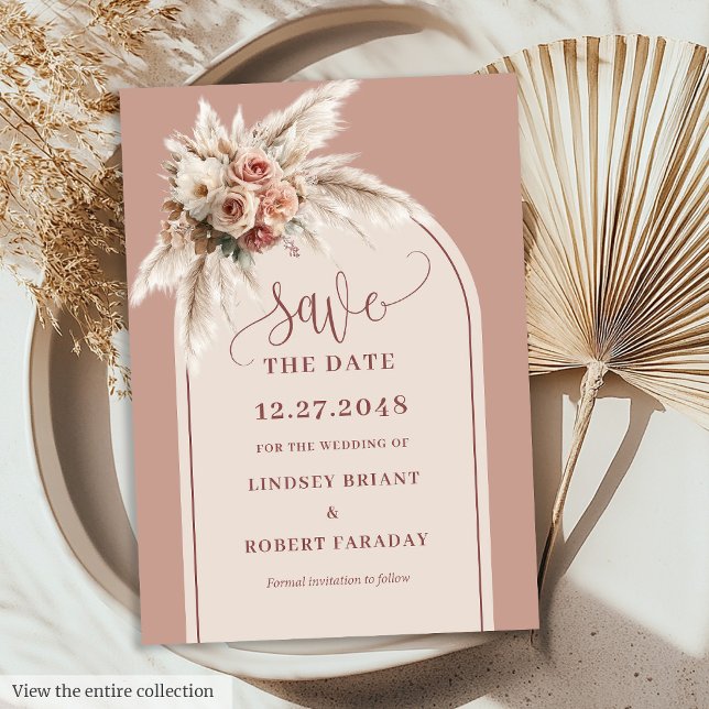 Convite Salve o Dia Botânico Boho Rosa Empoeirado Pampas (Botanical Boho Dusty Pink Pampas Save the Date)