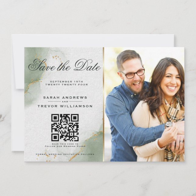 Convite Salve o Dia com Foto & Código QR em Sage Suave (Frente)