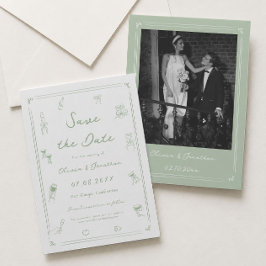 Convite Salve o Dia de Casamento Branco e Verde Desenhado