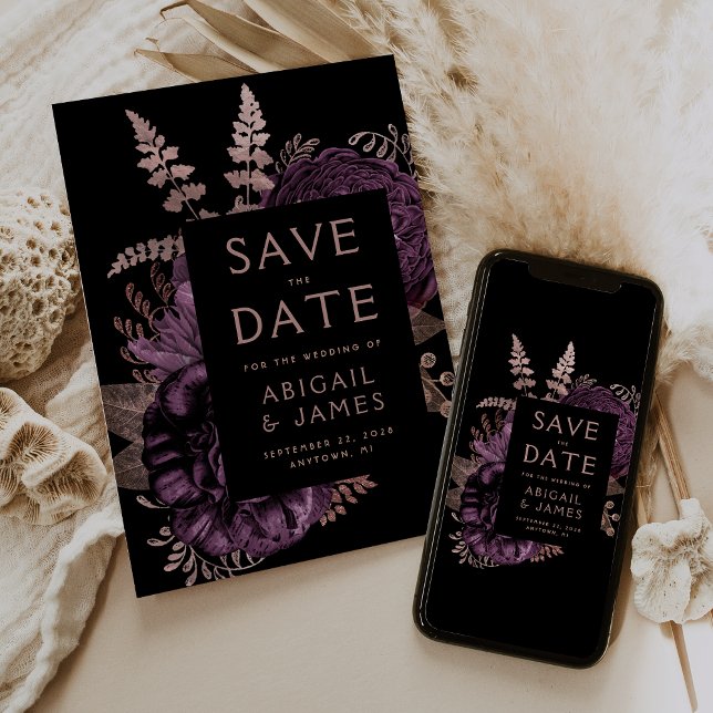 Convite Salve o Dia do Casamento com Floral Escura Roxa e  (Criador carregado)