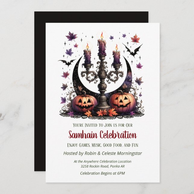 Convite Samhain Moon Bats & Pumpkins Fall Halloween Party (Frente/Verso)