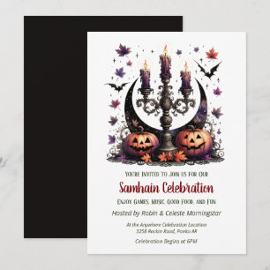 Convite Samhain Moon Bats & Pumpkins Fall Halloween Party