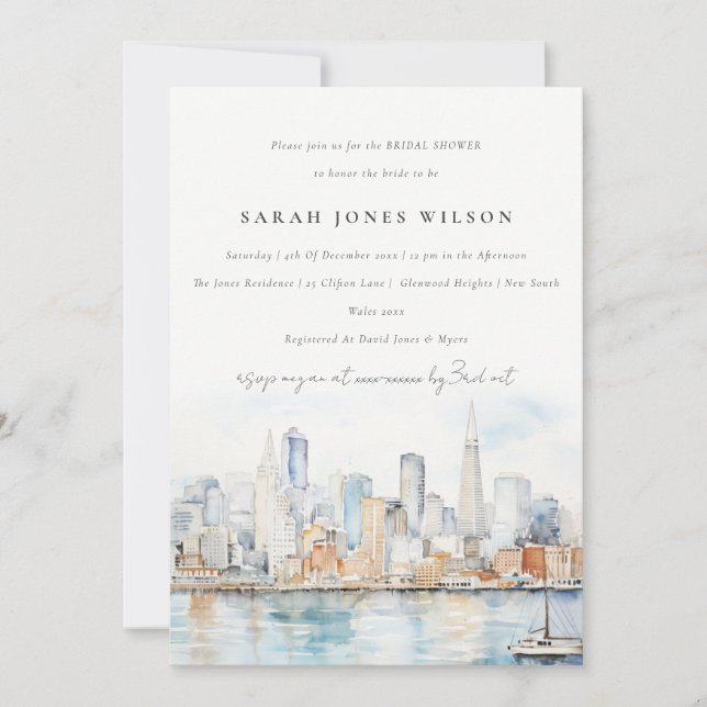 Convite San Francisco Watercolor Landscape Bridal Shower (Frente)
