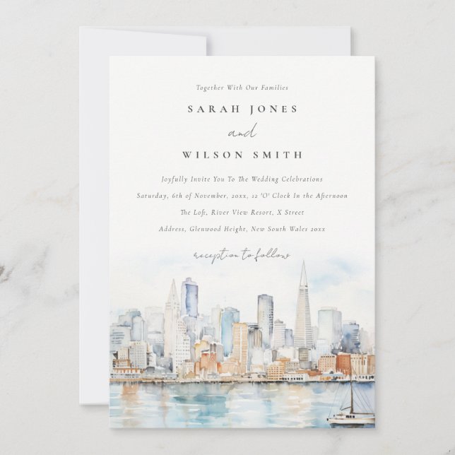 Convite San Francisco Watercolor Landscape Wedding (Frente)