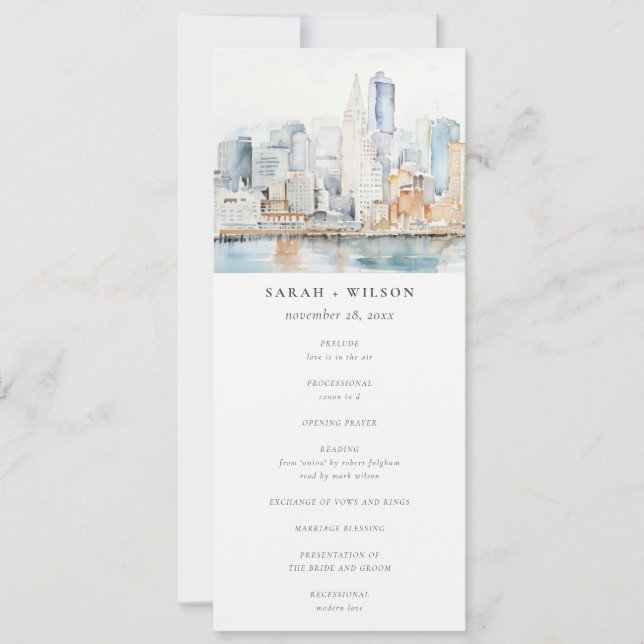 Convite San Francisco Watercolor Landscape Wedding Program (Frente)