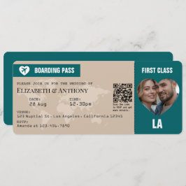 Convite Sand Beige & Ocean Teal Boarding Pass Wedding