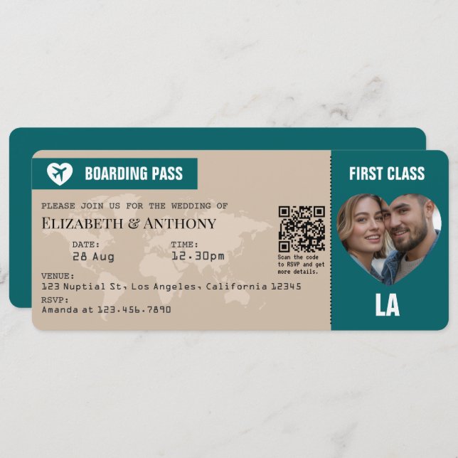 Convite Sand Beige & Ocean Teal Boarding Pass Wedding (Frente/Verso)
