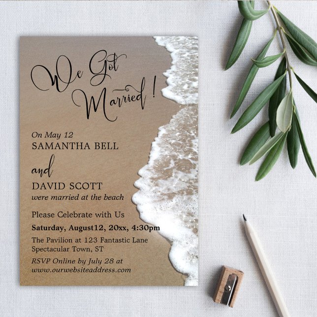 Convite Sand & Foam Beach Photo, We Got Married (Criador carregado)