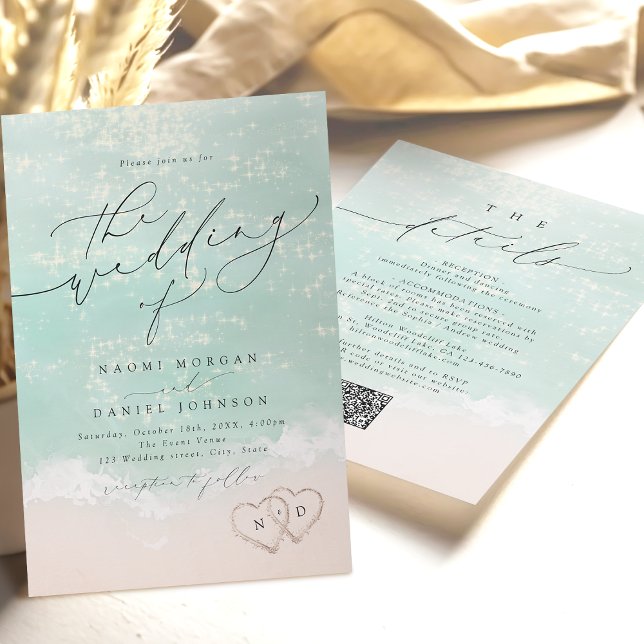 Convite Sand Hearts Beach Casado Tudo Em Um Side (Modern Script Sand Hearts Beach Wedding All In One Invitation)