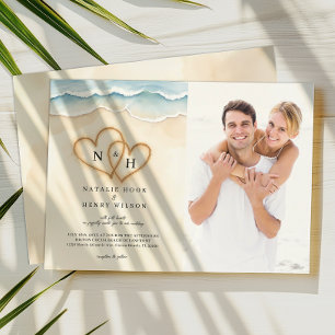 Convite Sand Hearts Beach Photo Invitation Beige