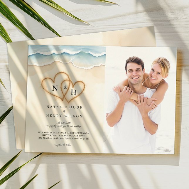 Convite Sand Hearts Beach Photo Invitation Beige (Photo Beach Wedding Invite)