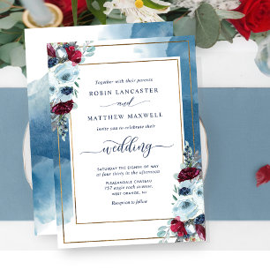 Convite Sangue Celestial, Azul Elegante Vermelho Roxo Flor