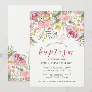 Convite Sangue de Aquarela   Batismo Floral Rosa e Dourado