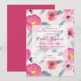 Convite Sangue Rosa Watercolor Floral Primeira Comunhão Sa