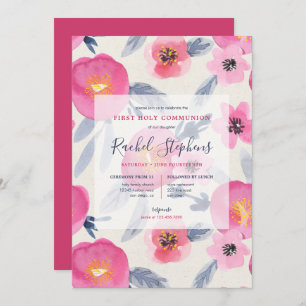 Convite Sangue Rosa Watercolor Floral Primeira Comunhão Sa