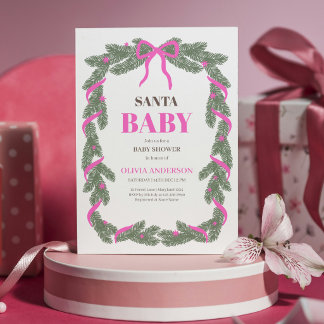 Convite Santa Baby Chuveiro de Bebê Elegante Laço Rosa