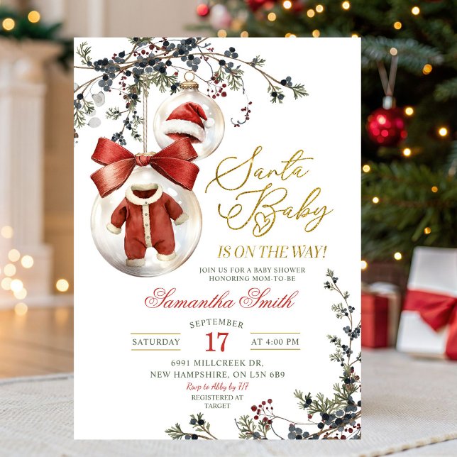 Convite Santa Baby Minimalist Winter Baubles Baby Shower (Criador carregado)