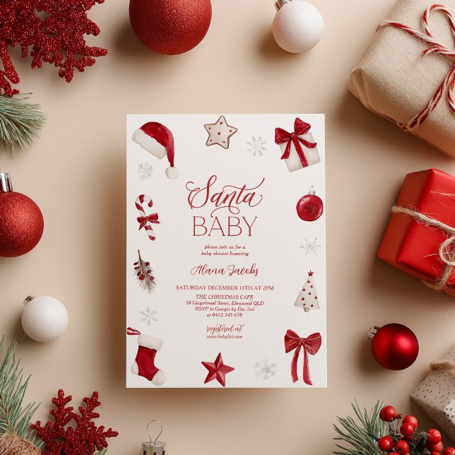 Convite Santa Baby Shower Christmas Festive  (Santa Baby! Christmas themed Baby Shower in red and white)