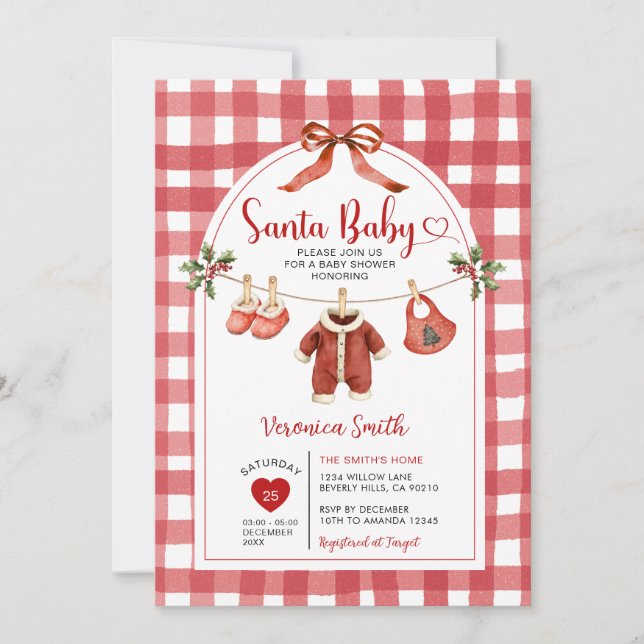 Convite Santa Baby Shower Clothesline Ribbon Gingham (Frente)