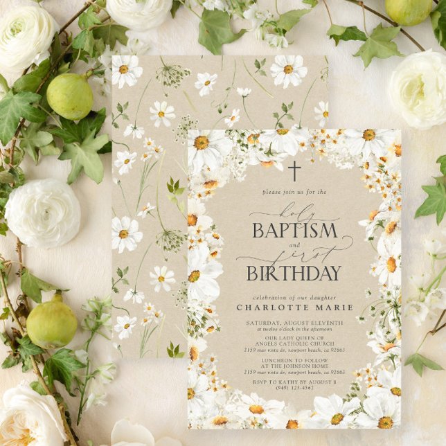 Convite Santa Batismo e primeiro aniversario Floral Girl (Easily personalize this beautiful baptism and first birthday invitation with your personal details)