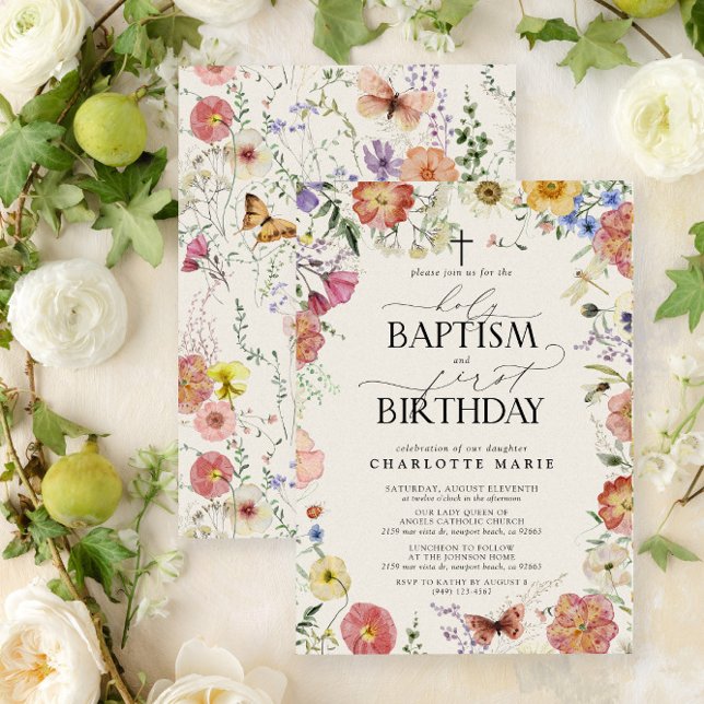 Convite Santa Batismo e primeiro aniversario Watercolor Ga (Easily personalize this beautiful baptism and first birthday invitation with your personal details)
