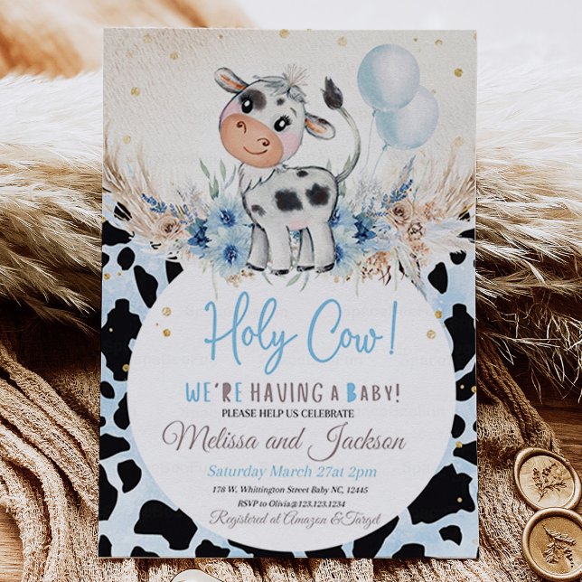 Convite Santa Chá de fraldas Convidando Garoto Vaca Boho (Holy Cow Baby Shower Invitation Boy Cow Boho)