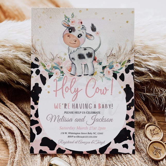 Convite Santa Chá de fraldas de Vaca Vaca Boho Pampas (Holy Cow Baby Shower Invitation Cow Boho Pampas)