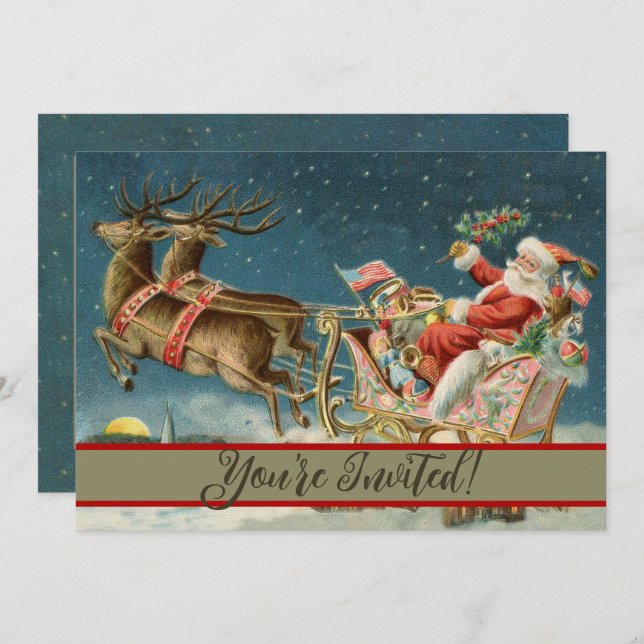 Convite Santa Claus Christmas Antique Sleigh Reindeer (Frente/Verso)