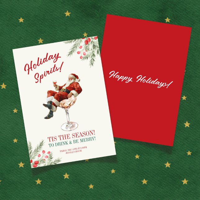 Convite Santa Claus Cocktail Glass (Santa Sitting Martini Glass Holiday Invitation)