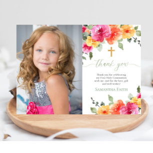 Convite Santa comunhão Baptism florais brilhantes obrigado