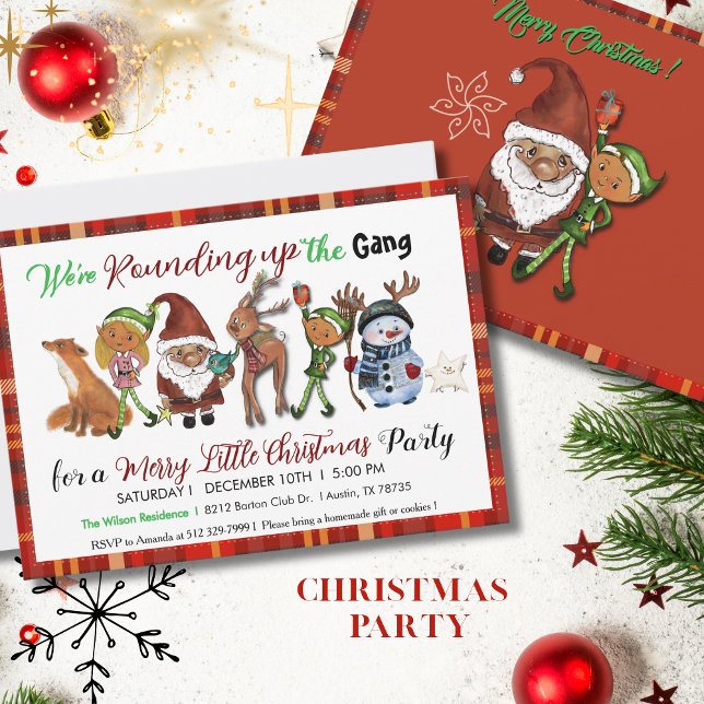 Convite Santa, Elves, Deer & Snowman Gang Red Plaid (Santa, Elves, Deer & Snowman Gang Red Plaid Invitation)