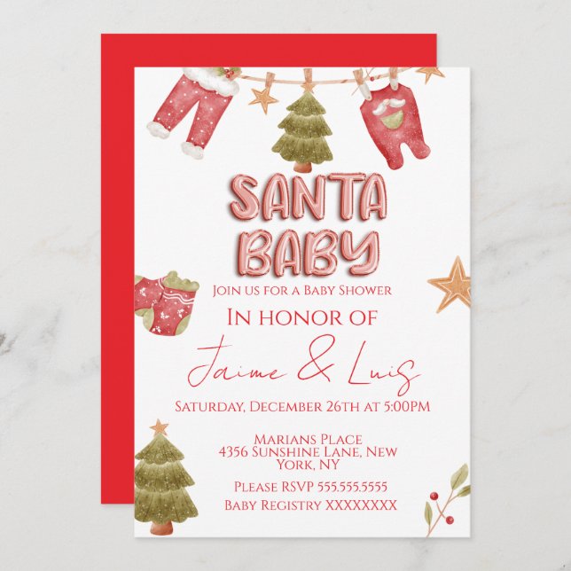 Convite Santa Girl Boy Holiday Baby Shower   (Frente/Verso)