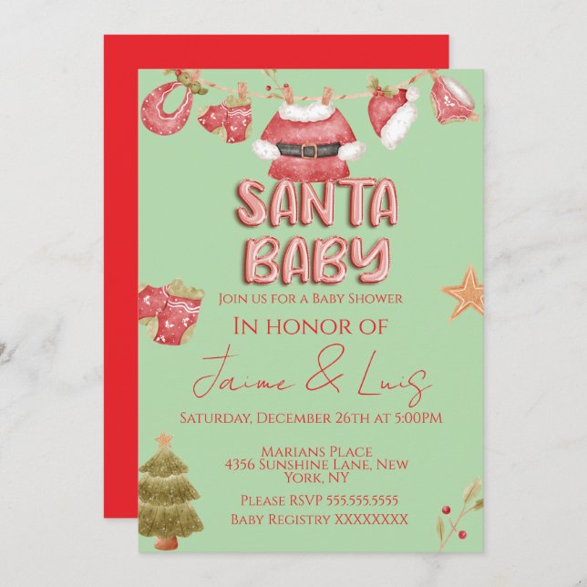Convite Santa Girl Boy Holiday Green Baby Shower   (Frente/Verso)