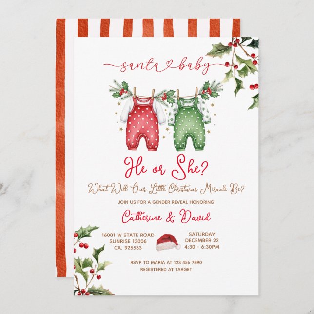 Convite Santa He or She Christmas Gender Reveal Invitation (Frente/Verso)