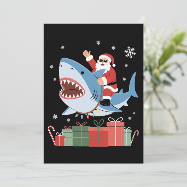 Convite Santa Riding Shark Christmas Pajama Cute Ocean  (Em pé/Frente)