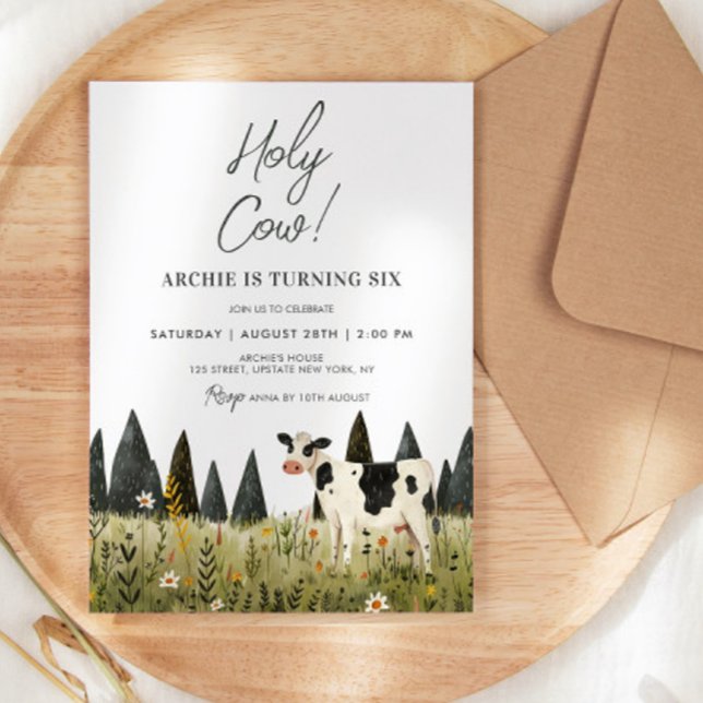 Convite Santa Vaca, Festa de Vaca de Aniversário, Crianças (Holy Cow Birthday Invitation Farm Birthday Cowboy Cute Illustration Watercolor Template Digital Cute)