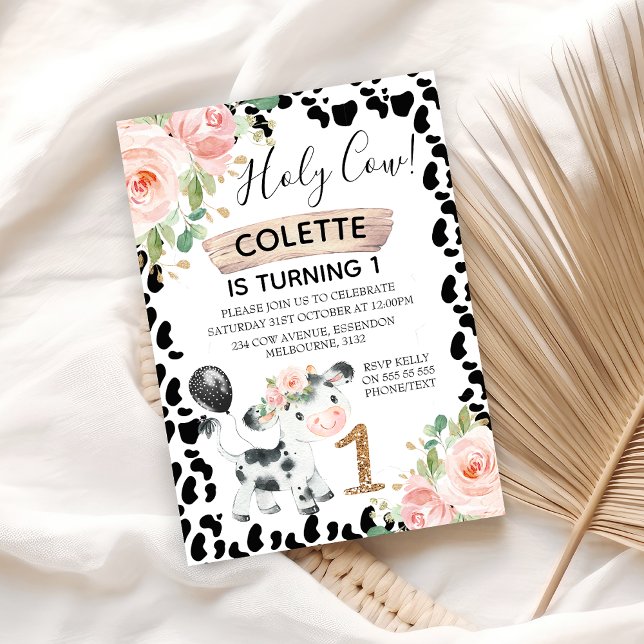 Convite Santa Vaca Floral e primeiro aniversario de Vaca C (Girls Holy Cow 1st Birthday Invitation, Cow Themed First Birthday Invitation, Floral Black Cow Print)