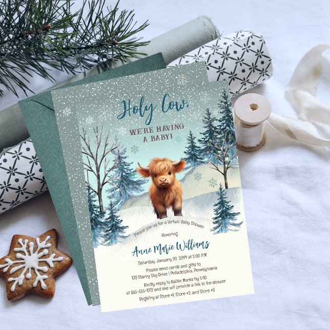 Convite Santa Vaca Santa Chá de fraldas Virtual Winter (Cute Highland Calf "Holy Cow, We're Having a Baby!" Winter Baby Shower Invitation)
