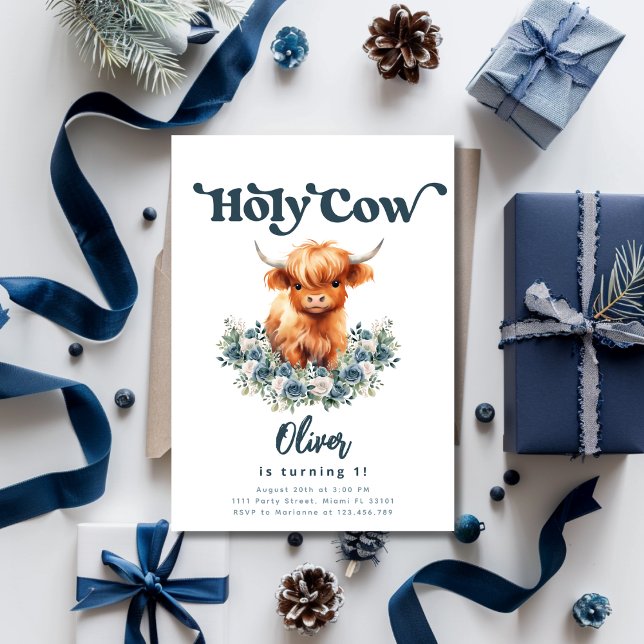 Convite Santa Vaca, sou um primeiro aniversario de Vaca Hi (Holy Cow Birthday Invitation for Boys)