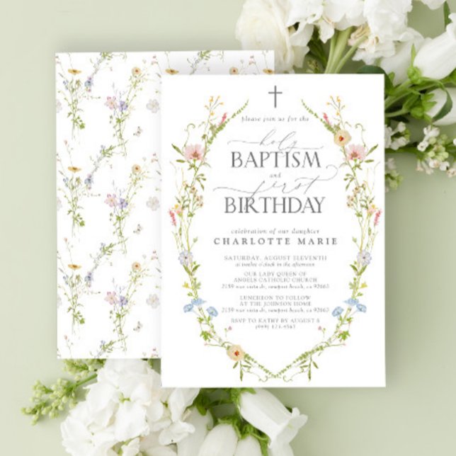 Convite Santo Batismo e primeiro aniversario Natureza de f (Easily personalize this baptism and first birthday invite with your personal details.)