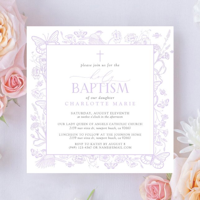 Convite Santo Batismo Lilac Lavanda Borboletas Florais (Holy Baptism Invitation!)
