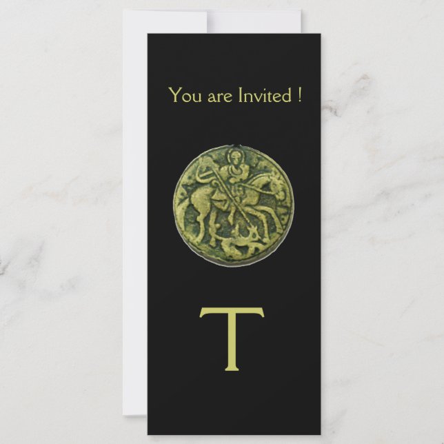 Convite SANTO GEORGE E DRAGON MEDALLION MONOGRAM, preto (Frente)