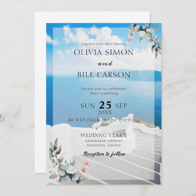 Convite Santorini, casamento de destino personalizável da  (Frente/Verso)