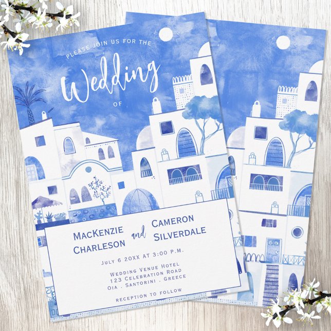 Convite Santorini Wedding (Santorini blue and white watercolor painting on a wedding invitation)