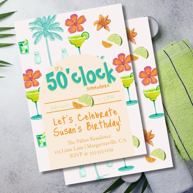 Convite São 5 horas em algum lugar do tema da festa (It's 50'clock Somewhere! Celebrate the occasion with this tropical green invite.)