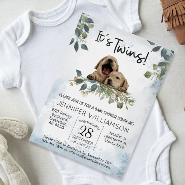 Convite São Gêmeos! Chá de fraldas de Aquarela de Cães de  (Twins Baby Shower Invitation. cute modern watercolor puppies.)
